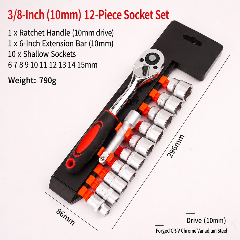 12-Piece 3/8 inch Drive Socket and Ratchet Set (6-15 mm, CR-V)
