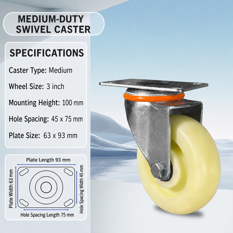 3-Inch Nylon Swivel Caster Wheel (Medium Duty)