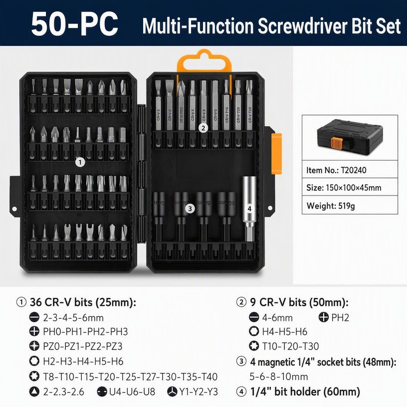 50-PC CR-V Screwdriver Bit Set with Magnetic Sockets