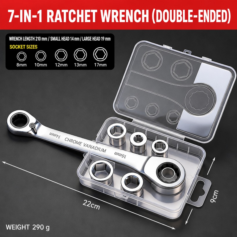7-in-1 Double-Ended Ratchet Wrench Set (14 mm / 19 mm)