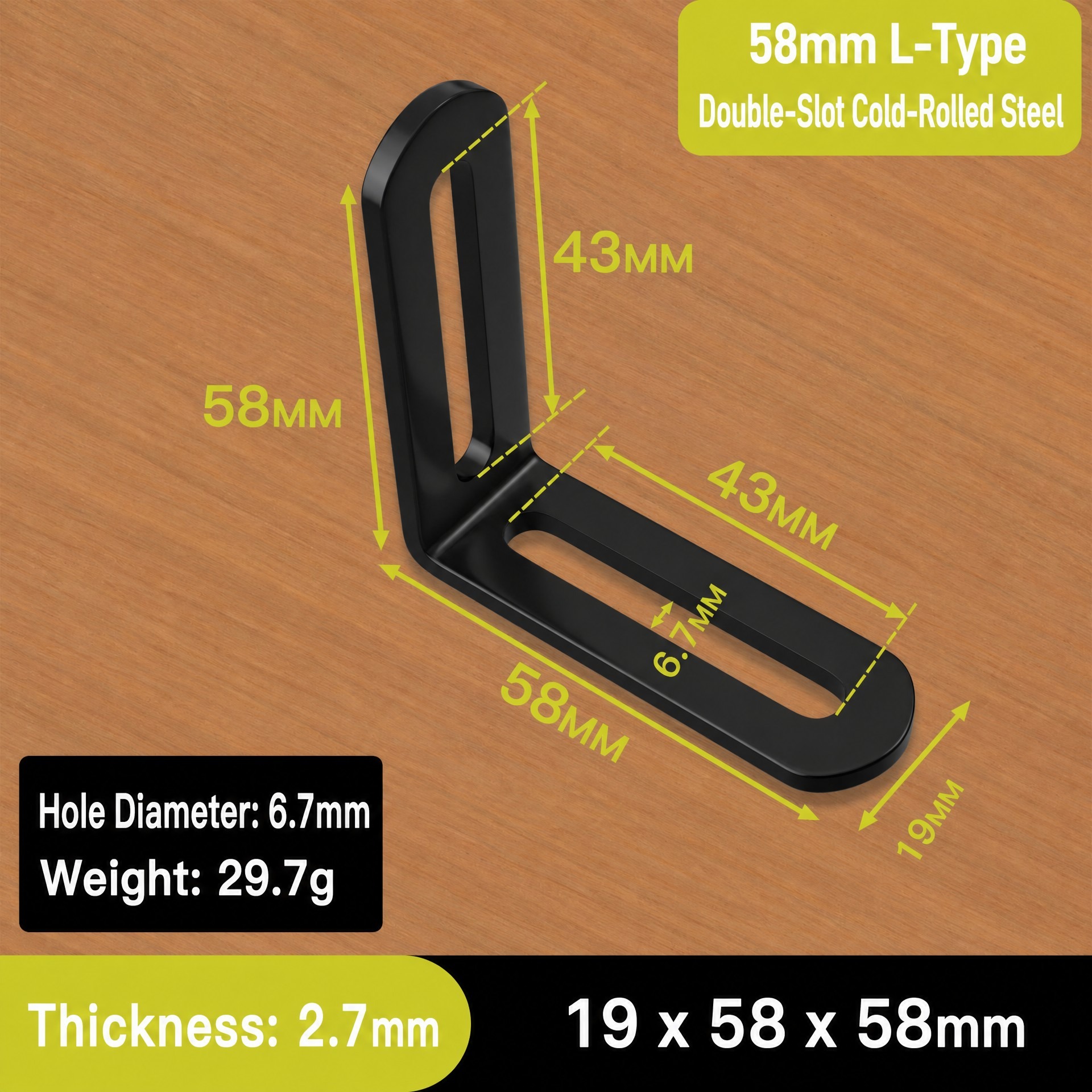 Adjustable L-Bracket 58x58mm (Black, Double Slot)