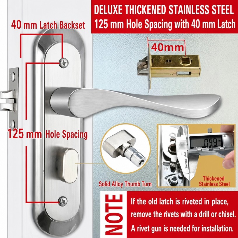 Bathroom Privacy Door Lever Lock (Stainless Steel, No Key)