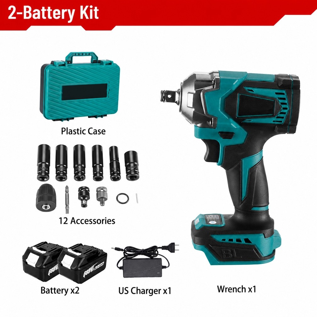 21V Brushless Cordless Impact Wrench Kit (2 Batteries + 12 Accessories)