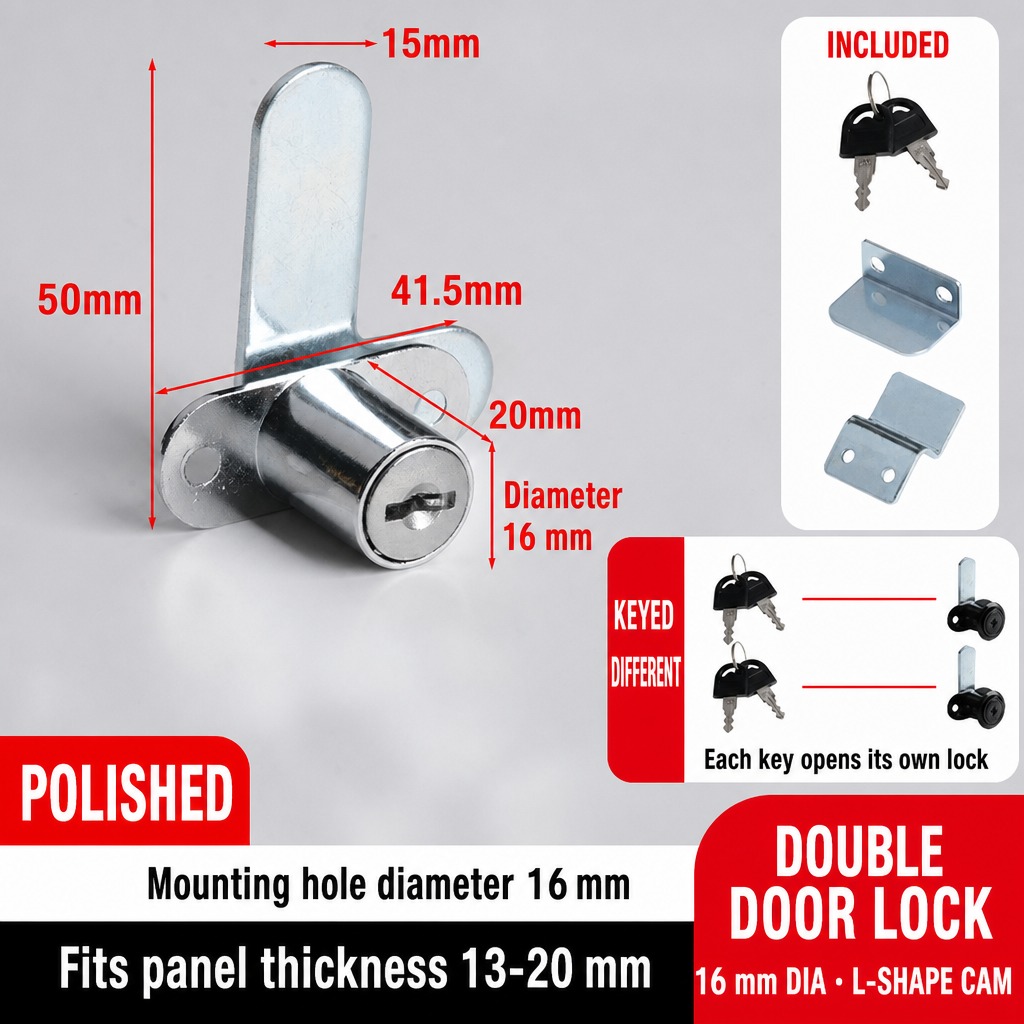 Double Door Cabinet Cam Lock with L-Shape Cam (16 mm)