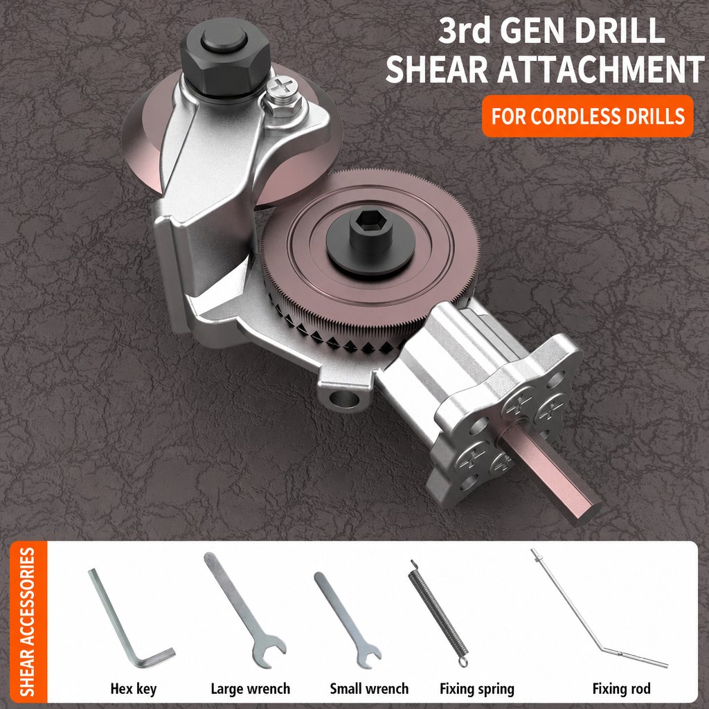 Drill-Mounted Sheet Metal Shear Attachment (3rd Generation)