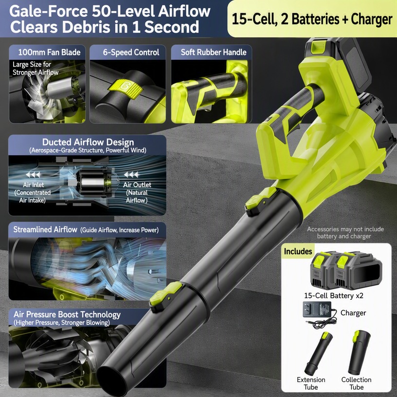 Heavy-Duty Cordless Leaf Blower (15-Cell, 2 Batteries + Charger)