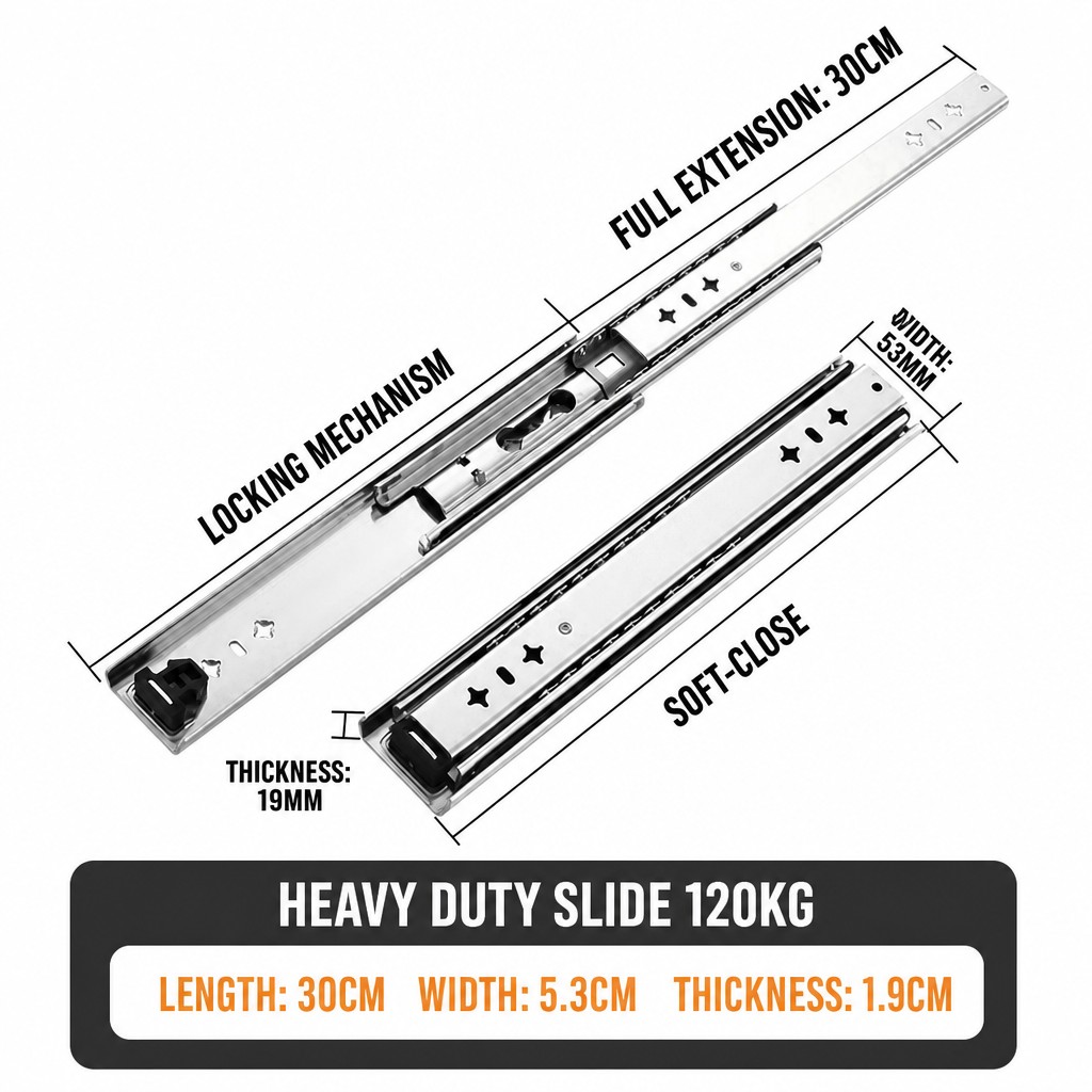 53mm Heavy Duty 3-Section Locking Drawer Slide