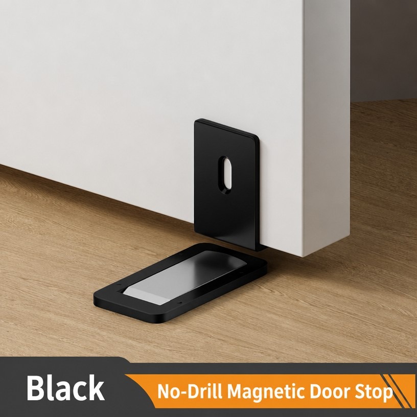 No-Drill Magnetic Door Stop (Black, Strong Suction)