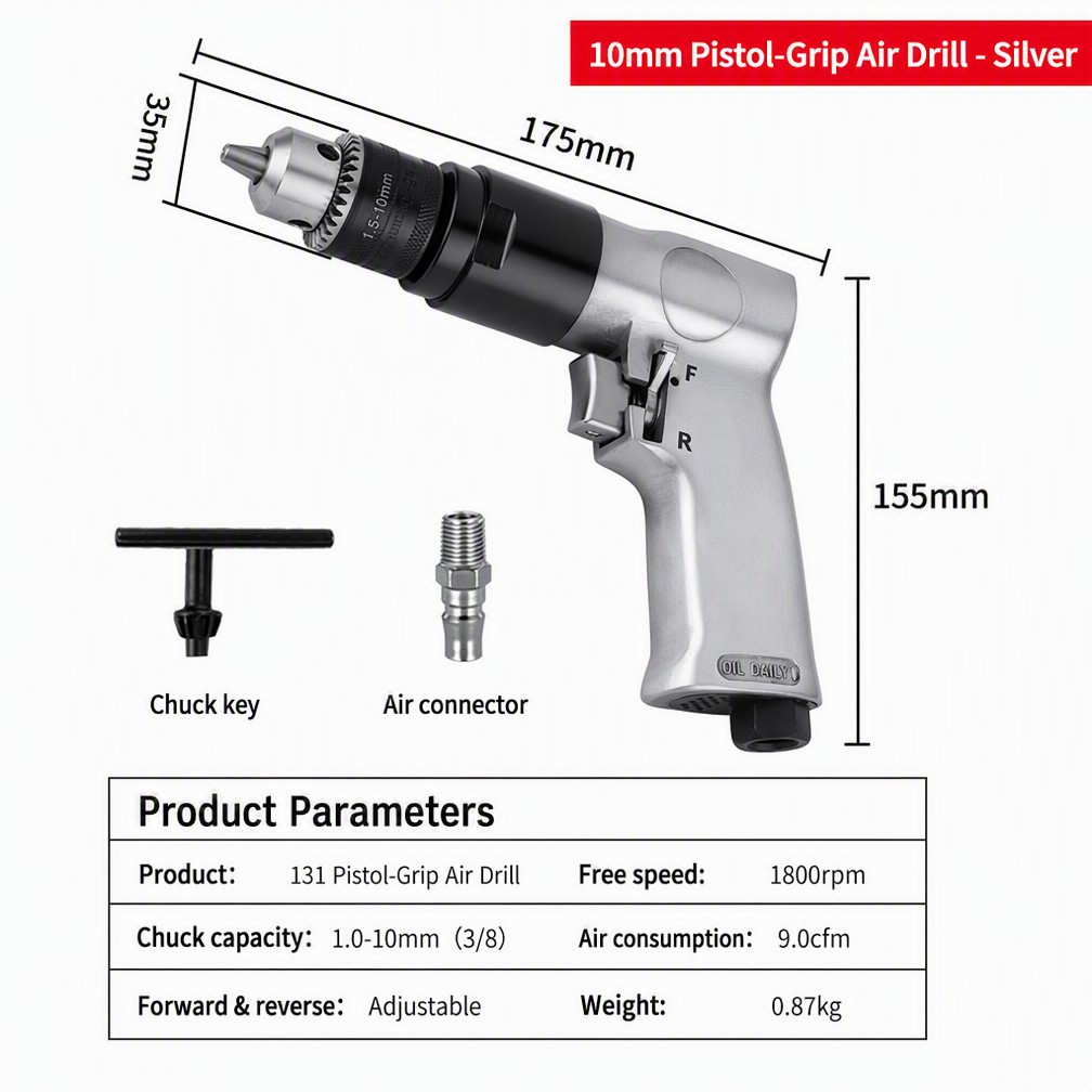 Pistol Grip Pneumatic Drill 10 mm (Reversible)
