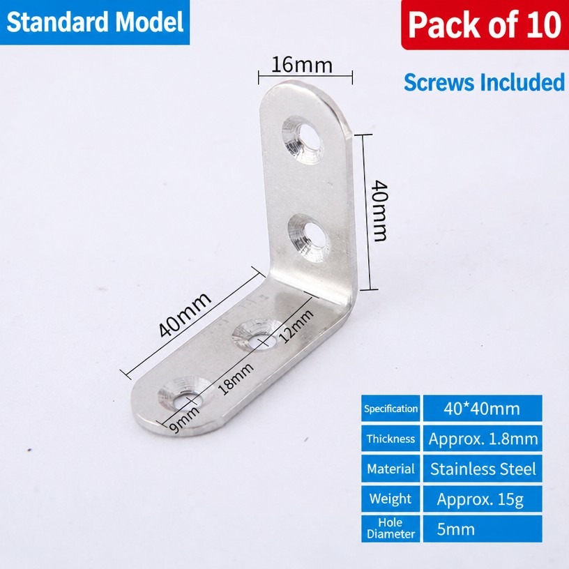 Stainless Steel Corner Brace 40x40mm (10-Pack)