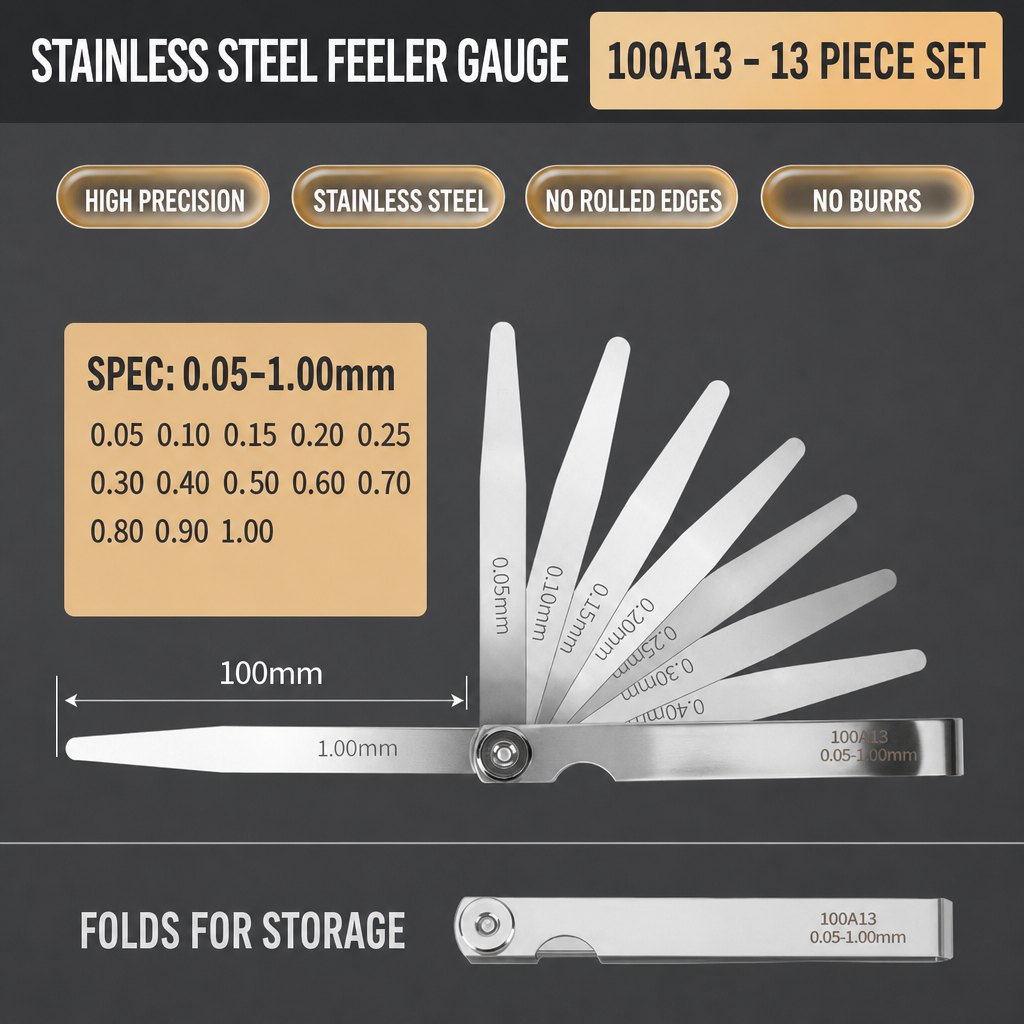 13-Piece Stainless Steel Feeler Gauge Set 0.05 to 1.00 mm