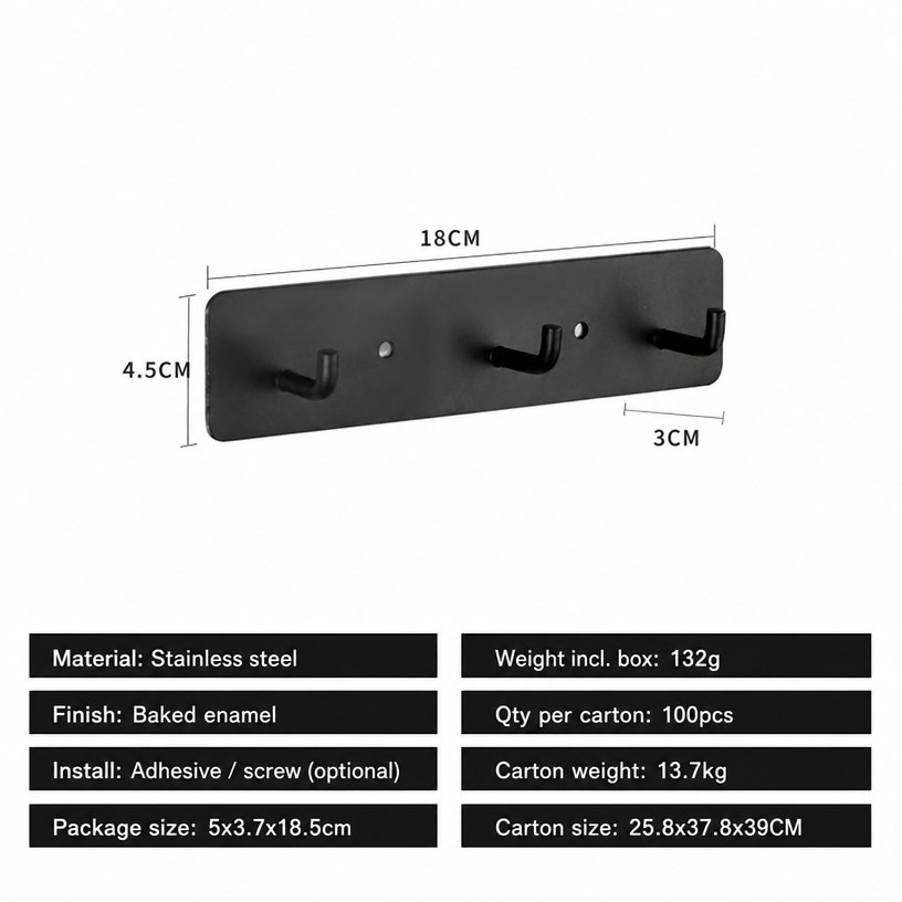 Stainless Steel Adhesive Hook Rack (3 Hooks, Baked Enamel)