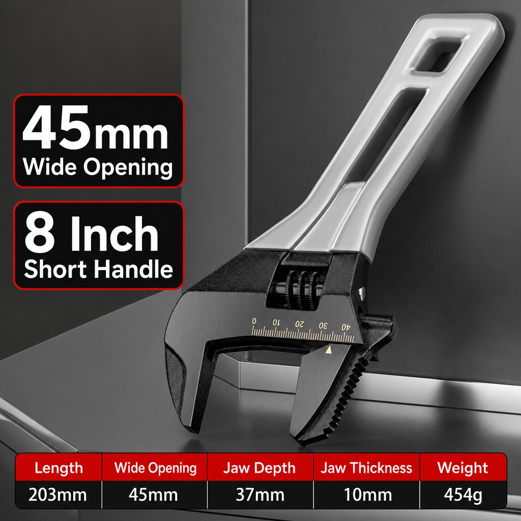 8-Inch Short Handle Wide Opening Adjustable Wrench